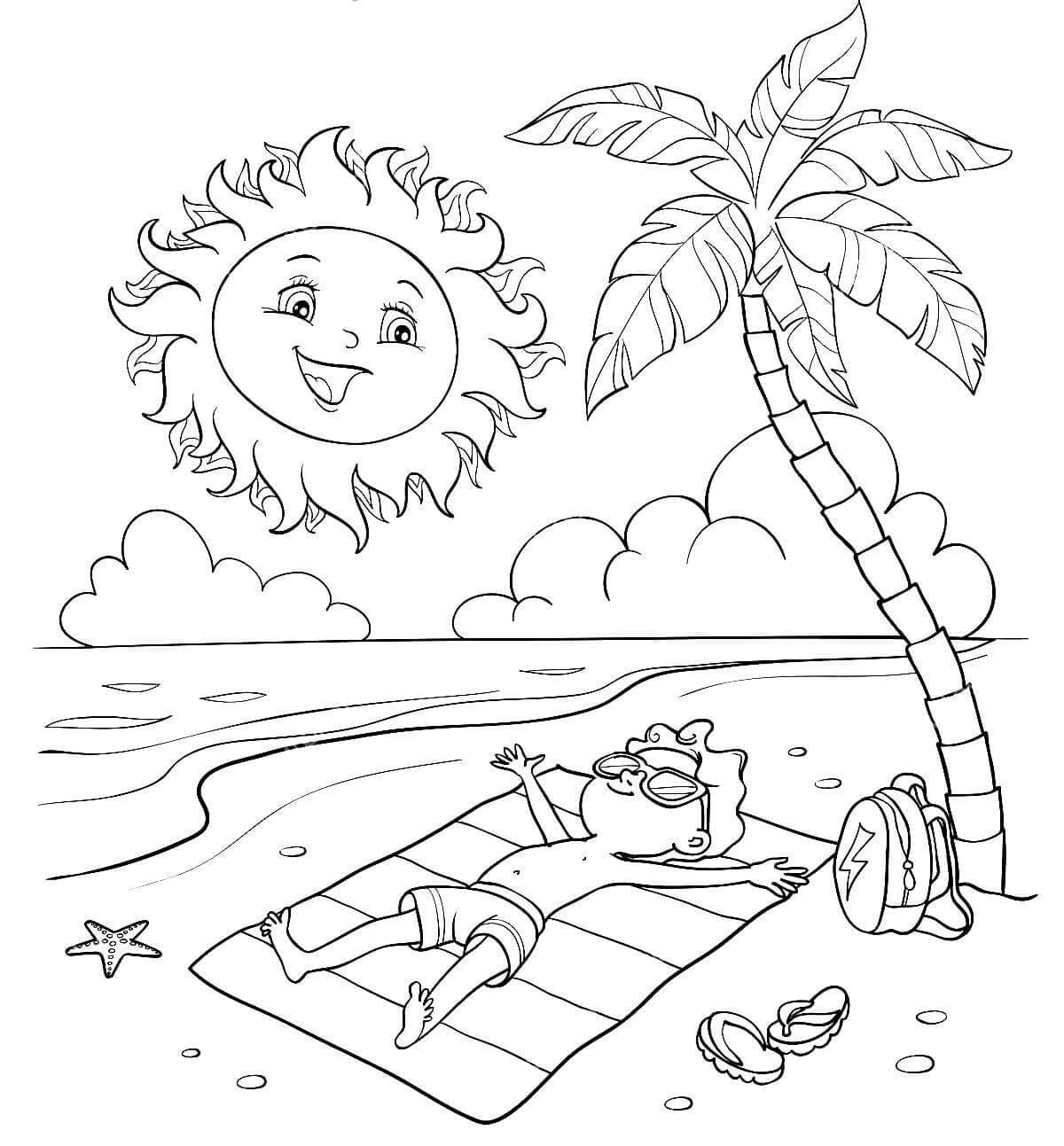 Online coloring book: Coloring page smiling sun tans the boy